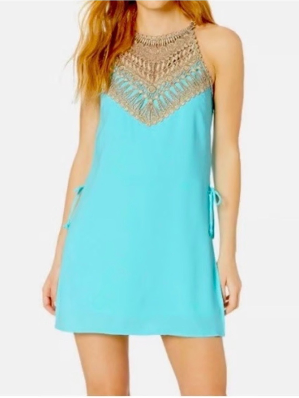 Lilly Pulitzer Pearl
Romper Size 4 Pearl Romper Aqua Dress with Gold Lace Yoke